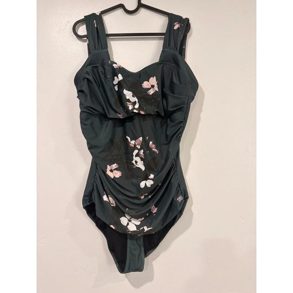 Albion Fit Maria One Piece Swimsuit XXL Forest Green Floral Ruched Square Neck